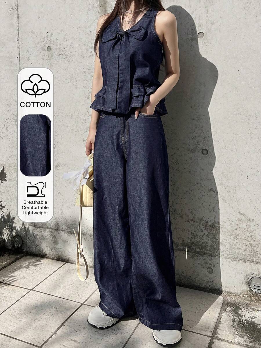 FRIFUL Women's Fashion Bow Tie Strap Ruffle Hem Camisole And Casual Pocket Denim Pants Set - Blue - View 1