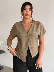 Firerie Plus Size Women V-Neck Single-Breasted Casual Versatile Daily Wear Shirt Linen Tops For Women Curve Linen Tops Plus Size - Khaki - View 2