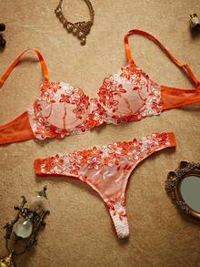 PinupPomp 2pcs/Set Pink Romantic Padded Wire Bra & Panty Set For Women, Lingerie - Orange - View 3