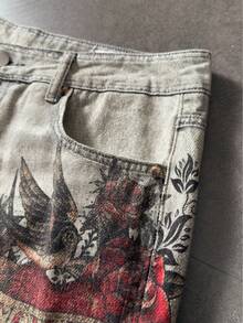 ROMWE MEN Street Life Quần short denim nam kiểu dáng thường ngày in hình hổ, thích hợp cho mùa hè. - Xám - Xem 5