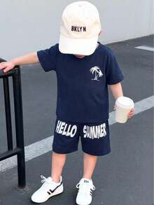 SHEIN Vacaura 2pcs/Set Young Boy Casual Printed Short Sleeve Round Neck T-Shirt And Shorts Set,Summer,Beach,Holiday,Outdoor Activities,Sports Wear - Navy Blue - View 6