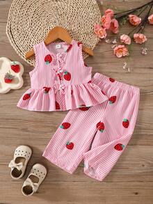 SHEIN Vintaside Kids Baby Girls' Summer Cute Pink Striped Strawberry Print Sleeveless Ruffle Top And Wide Leg Pants Set Loose Comfortable Work Fit For Daily Outings - Pink - View 5