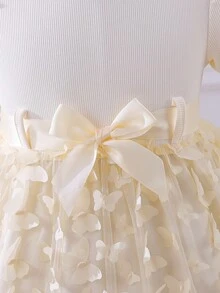 Glamorique Kids Young Girl' Solid Color Round Neck Pearl Petal Sleeve 3D Flower Elegant Summer Dress With Belt - Apricot - View 8