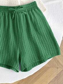 SHEIN Conjunto informal de dos piezas para niña preadolescente, con blusa de manga corta de punto de unicolor y cuello redondo, y shorts sueltos de LMoss Kids - Verde - Ver 5