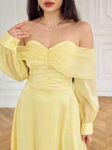 Modelyn 女款時尚優雅淡黃色露肩荷葉邊迷你洋裝 婚禮派對夏季 - 黃色 - 查看 7