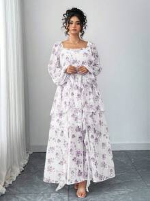 Elenzga Plus Size Minimalist Printed Square Neck Long Sleeve Dress Fall - Purple - View 8