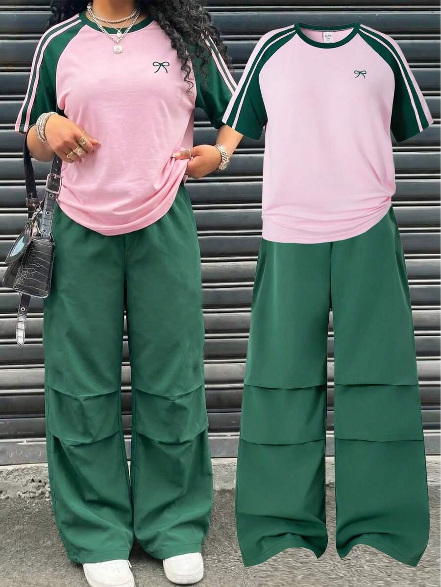 2件組 青少年女孩舒適寬鬆戶外運動可愛落肩T恤與工裝褲 開學度假綠色與白色夏季 - 綠色 - 查看 1