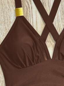 Bonvoyette Bộ jumpsuit nữ mùa hè mới, cổ chữ V sâu, không tay, hở lưng, dây lưới đan chéo, thắt eo, kiểu dáng thoải mái, thích hợp cho kỳ nghỉ. - màu nâu - Xem 3