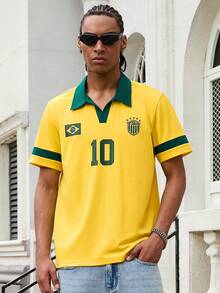 GALLERY FADE Men's Casual Contrast Color Collar Numeric Print Short Sleeve Polo Shirt, Summer - Yellow - View 5