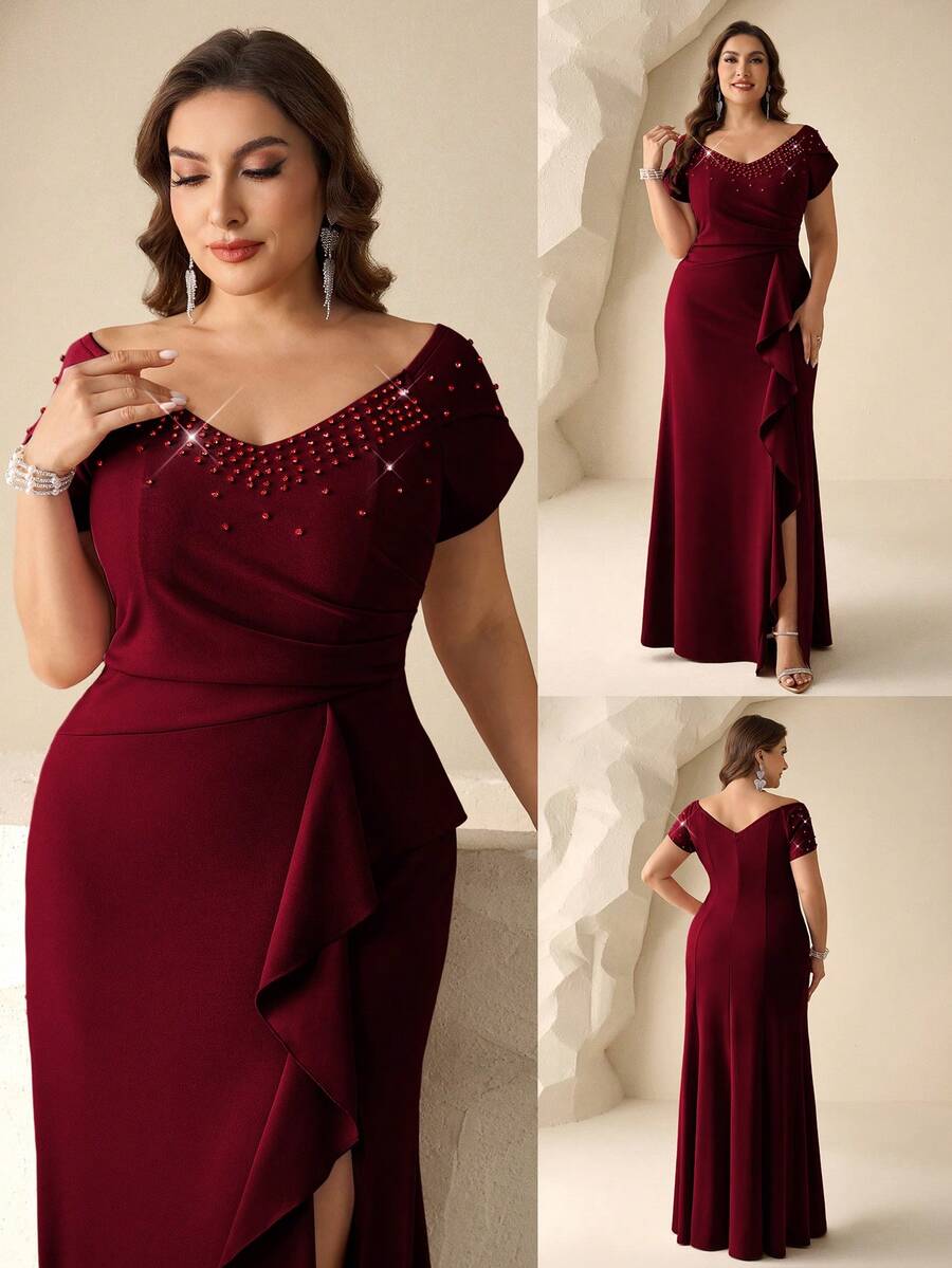 Coutiva Plus Size Rhinestone Decor Mother Of The Bride Dress - Burgundy - View 1