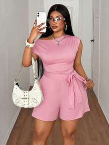 Maweii Plus Size Asymmetric Shoulder Ruched Bow Tie Waist Drawstring Romper,Blush Pink Summer Smart Casual Everyday Mal Flattering Short Jumpsuit,Holidays - Pink - View 5