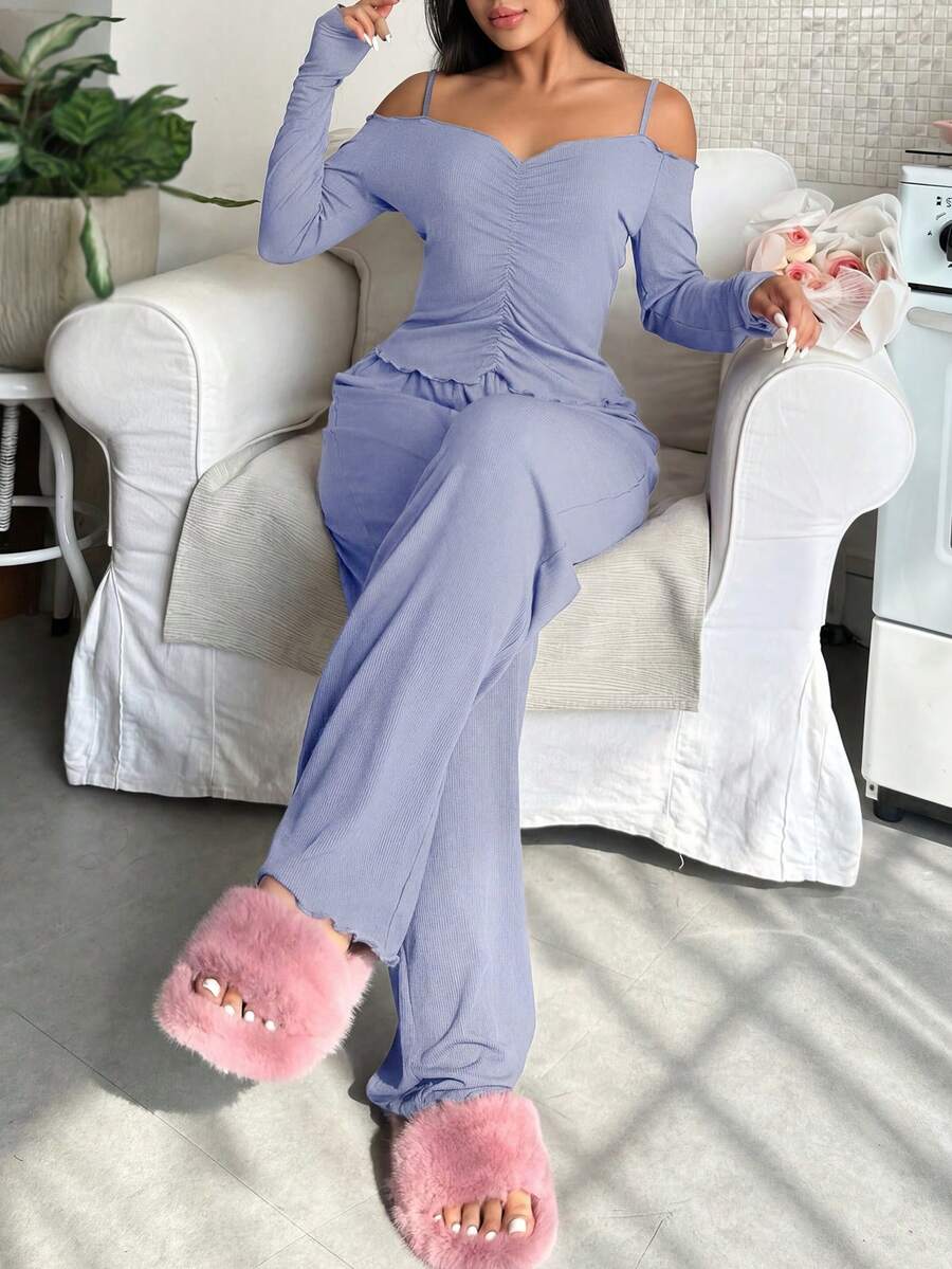 Bộ đồ mặc nhà dệt kim màu đỏ tía gợi cảm, hở vai dành cho nữ - Màu xanh bụi bặm - Xem 1