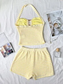 SHEIN Bộ đồ cơ bản cho bé gái tuổi teen gồm áo hai dây cổ yếm dệt kim kẻ sọc với họa tiết ngôi sao và quần short cùng màu, thích hợp cho kỳ nghỉ, ngọt ngào, dễ thương, phù hợp cho lễ hội âm nhạc hoặc lễ hội hóa trang. - Màu vàng - Xem 2