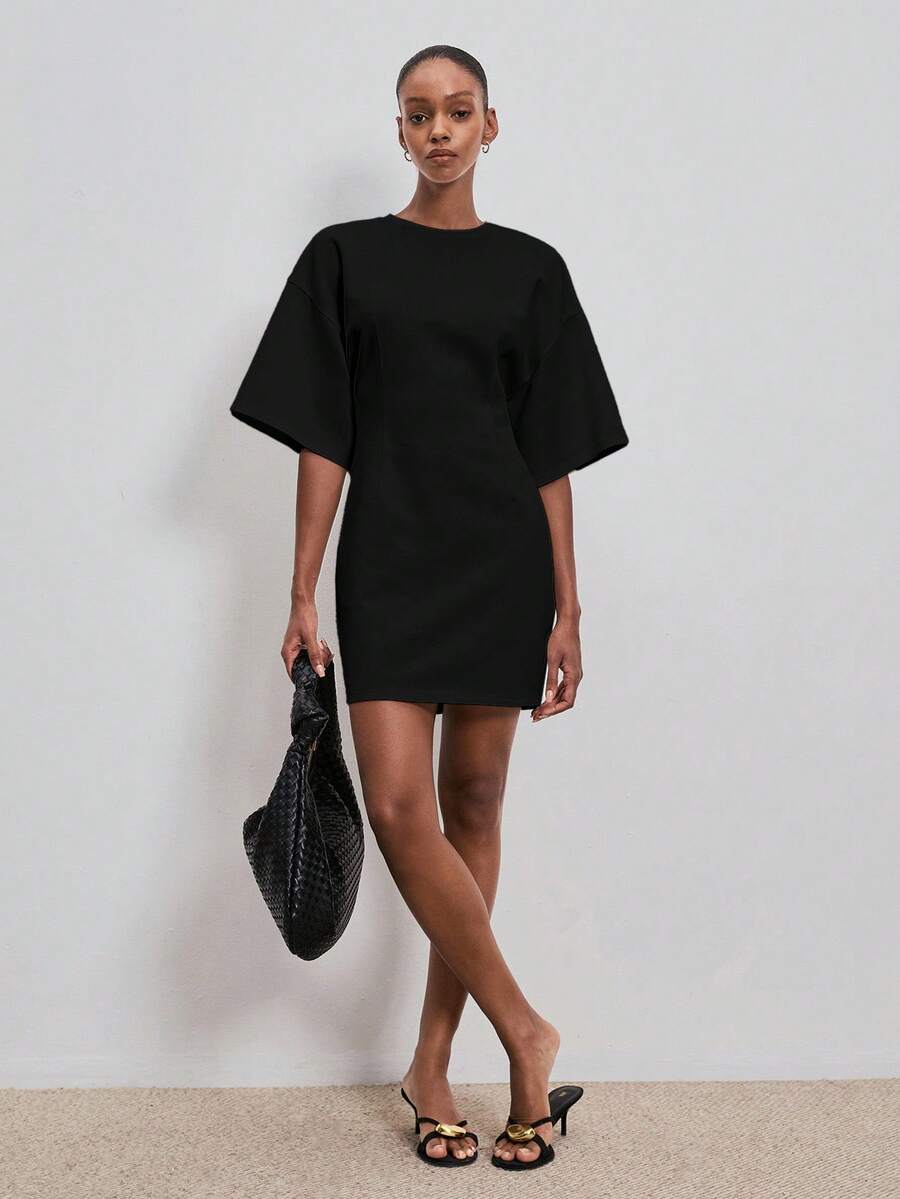 ATUI Studio Casual Daily Fashion Solid Color Loose Round Neck T-Shirt Dress For Women, Summer - Black - View 1