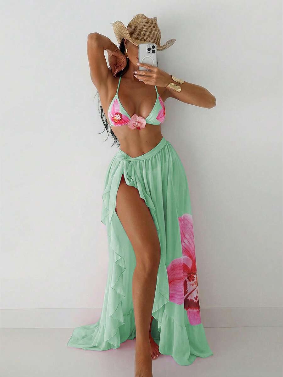 Swim SXY Bộ 3 món đồ bơi mùa hè cho nữ, họa tiết hoa lan hồng, áo cổ yếm, quần bikini, váy maxi, đồ bơi gợi cảm, váy hè cho nữ, trang phục lễ hội cho nữ, trang phục đi nghỉ mát cho nữ, váy xếp ly cho nữ, váy hoa cho nữ, váy thanh lịch cho nữ, váy lễ hội, váy dự tiệc cưới cho nữ. - Màu xanh Bạc hà - Xem 1