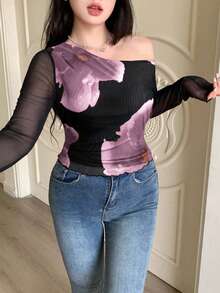 Modelyn 女士黑色纯色网眼撞色印花不对称褶皱加大码T恤 - 紫色 - 查看 7