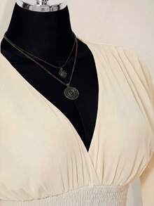 SHEIN ICON Đầm ngắn nữ màu trơn, xếp ly eo, thanh lịch, thích hợp cho tiệc tùng và đi chơi. - Màu be - Xem 6