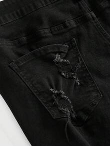ROMWE Plus Size Distressed Design Versatile High Stretch Sexy Slim Fit Mini Denim Shorts, All-Match Black - Black - View 4