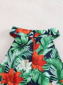 Baby Girl Floral Print Halter Neck Romper, Casual Vacation Outfit - Navy Blue - View 7