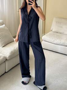 DAZY 女士纯色系带上衣和裤子休闲家居服套装 夏季 - 藏蓝色 - 查看 5
