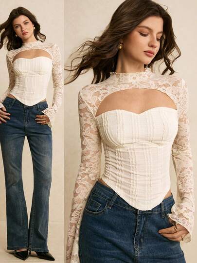 Poéselle Femmes T-shirt col montant en dentelle transparente avec blocs de couleurs, tissu jacquard maille extensible, collection Nouvel An ; Top blanc élégant, convient pour le port quotidien et les sorties de la Saint-Valentin