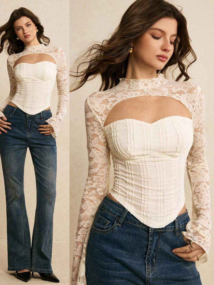 Poéselle 女款拼接透視蕾絲飾邊立領上衣，彈性修身提花針織乳白色上衣，優雅誘人秋季夜出遊，夏季