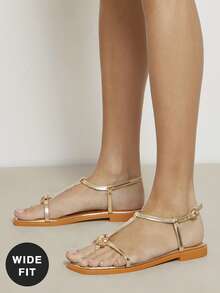 SHUZIA Sandal đế bằng dáng rộng, thoải mái, kiểu dáng thường ngày, có quai xỏ ngón dành cho nữ. - Vàng - Xem 6