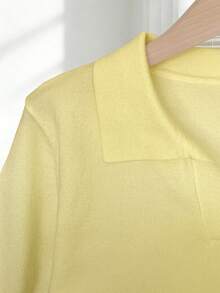 Franclia Women's Spring/Summer White Simple Casual Turndown Collar Raglan Short Sleeve Solid Color Fitted Knit Top, Plus Size - Yellow - View 4