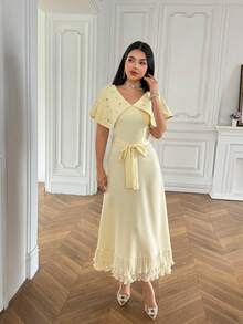 Modelyn Women's Elegant Sexy Party Golf Tea Party Crystal Embellished Mid-Length Dress Wedding Pastal Summer - Yellow - View 4