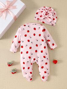 SHEIN 新生儿蝴蝶结印花可爱连体衣配帽子，秋冬季 - 粉色 - 查看 3