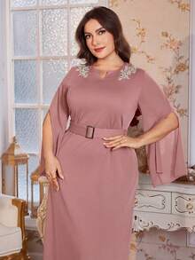 Reflora Plus Size Elegant Party Beaded Embroidered Applique Dress - Pink - View 7