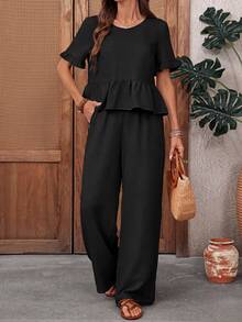 EMERY ROSE Women's Solid Color Minimalist Boho Daily Short Sleeve Top And Pants 2 Pieces Set,Holiday Outfits Women Beach Vacation Holiday Black Summer,Summer Outfits For Women - Black - View 8