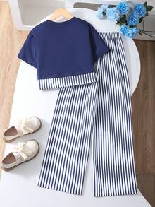 2pcs/Set Girls Floral All-Over Print T-Shirt And High Waist Textured Wide Leg Pants Set - Multicolor - View 2