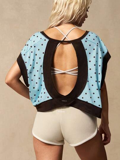 VARSIVA Women's Casual Colorblock Polka Dot Print Round Neck Batwing Sleeve T-Shirt