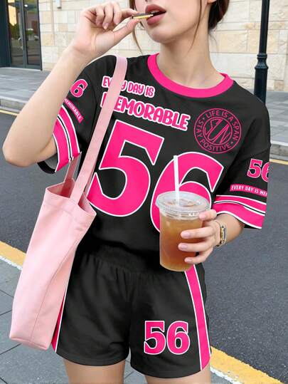 两件套少女休闲简约短袖短裤套装，适合夏季，经典酷炫印花，经典数字56印花，适合运动，适合啦啦队表演