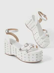 ROMWE Grunge Punk Women's Shoes Rivet Buckle White Fashion Wedge Heel Platform Sandals Summer Shoes - White - View 4