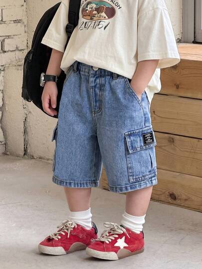 Quần short cargo denim bạc màu kiểu vintage cho bé trai, quần short mùa hè dáng rộng, cạp chun, phong cách retro đường phố với nhiều túi, mềm mại, thoải mái, thích hợp mặc hàng ngày.