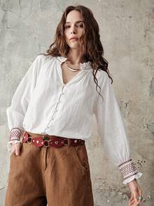 Aveloria Frievida Camisa holgada de manga larga con cordones y flecos, estilo casual raglan - Blanco - Ver 5
