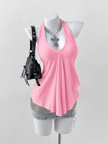 Sunspun Áo tank top xếp ly buộc dây cổ yếm đa năng dành cho nữ cỡ lớn - Hồng - Xem 1