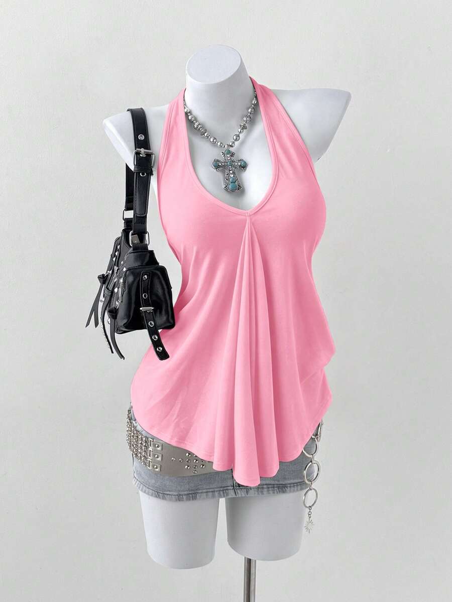 Sunspun Áo tank top xếp ly buộc dây cổ yếm đa năng dành cho nữ cỡ lớn - Hồng - Xem 1