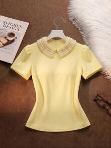 SHEIN Áo thun ngắn tay cổ ngọc trai dành cho nữ - Màu vàng - Xem 4
