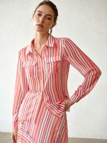 MOTF PREMIUM WOMEN PINK CHECKERED PRINT CASUAL ELEGANT TOP BRUNCH AUTUMN - Multicolor - View 4
