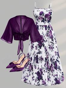 Franclia Plus Size Women Elegant White Summer Floral Print Maxi Dress,Bridal Wedding Guest Chiffon Butterfly Sleeve,Smocked High Waist Tiered Ruffle Hem Dress - Purple - View 1