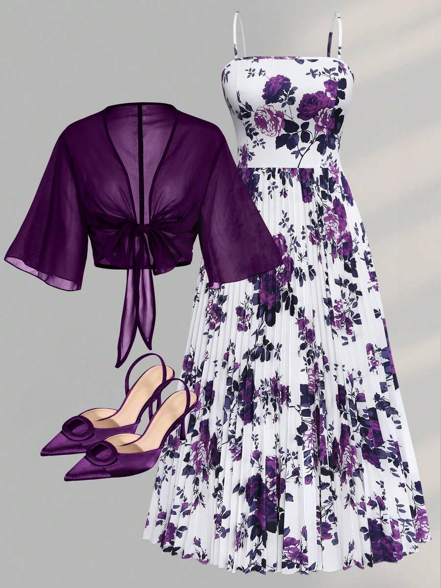 Franclia Plus Size Women Elegant White Summer Floral Print Maxi Dress,Bridal Wedding Guest Chiffon Butterfly Sleeve,Smocked High Waist Tiered Ruffle Hem Dress - Purple - View 1