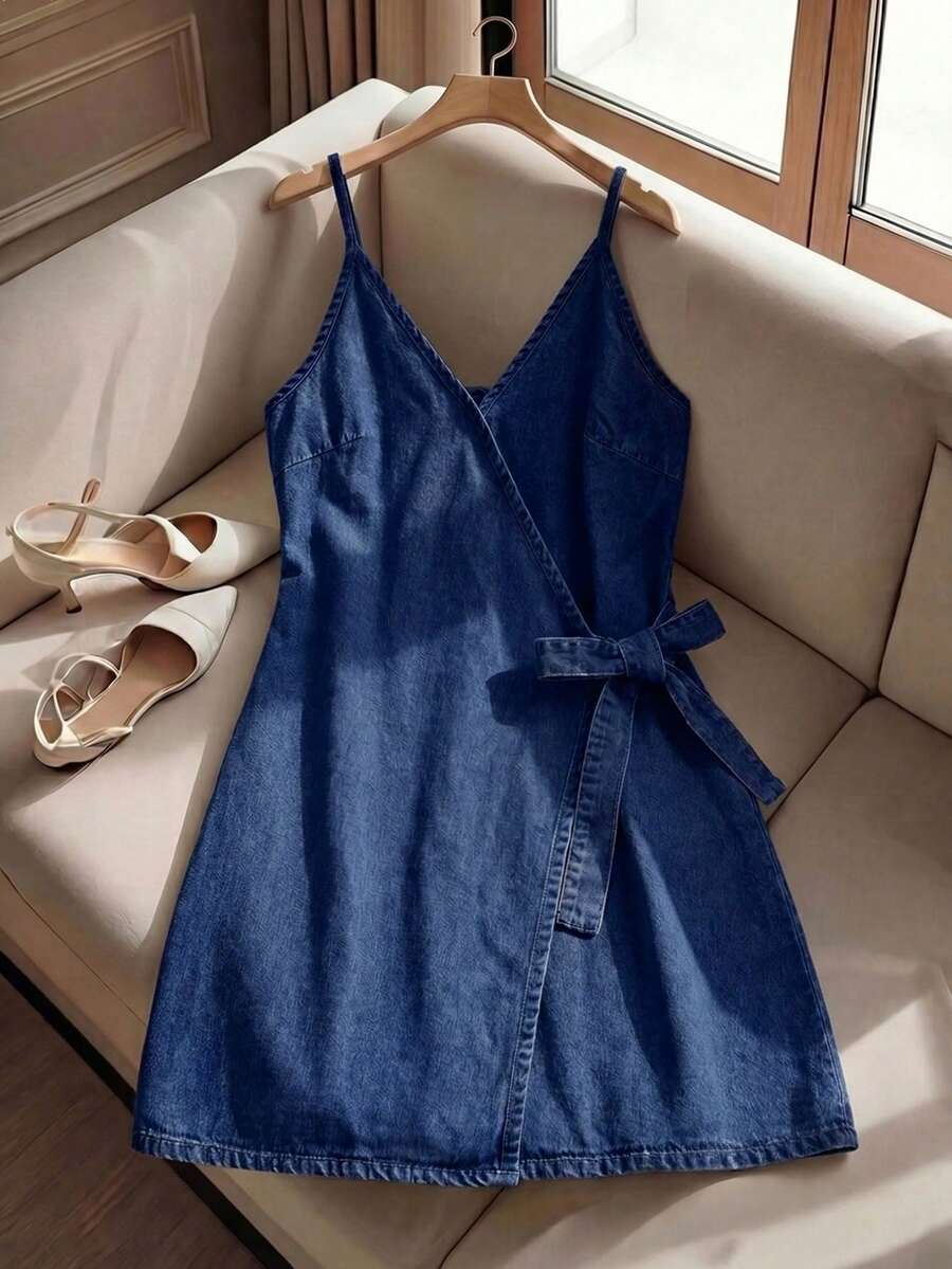 Soleia Women's Casual Everyday & Date Bow Decor Denim Strap Dress