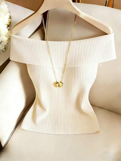 SHEIN Franclia Áo nữ thanh lịch, thoải mái, kiểu trễ vai, chất liệu vải dệt kim co giãn dễ chịu, phù hợp cho mùa xuân, hè, thu và đông, áo khoác ngoài đa năng, trang phục hẹn hò và nghỉ lễ.