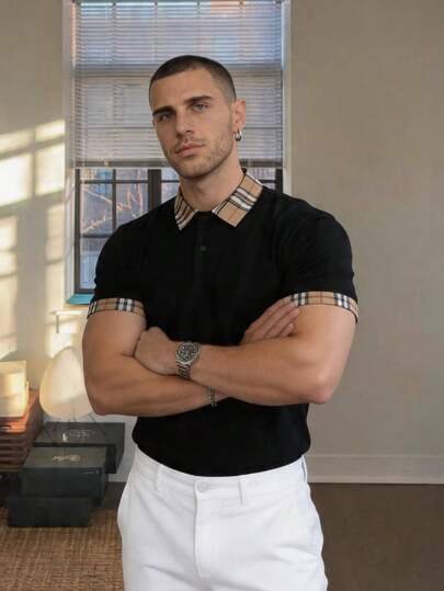 Manfinity VCAY Nam Kẻ sọc tương phản Vòng cổ Áo polo