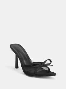 Glitzique Women's Stiletto High Heel Shoes, Black Bow Mesh Decor Pyramid Toe Mule Sandals, Glamorous Party High Heel Slippers - Black - View 7