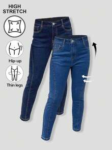 Tween Girls' Casual Minimalist Versatile Fitted Slim Washed Blue Denim Jeans. High-Waisted Button Fly Skinny Leg Jeans With CC Embroidery, Suitable For Daily Wear, School, Play, Commuting And Outdoor Activities - Multicolor - View 1