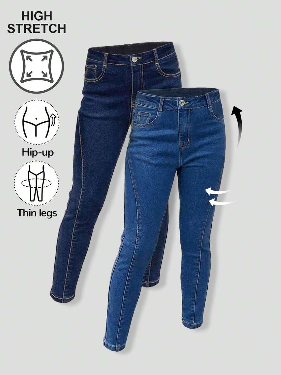 Tween Girls' Casual Minimalist Versatile Fitted Slim Washed Blue Denim Jeans. High-Waisted Button Fly Skinny Leg Jeans With CC Embroidery, Suitable For Daily Wear, School, Play, Commuting And Outdoor Activities - Multicolor - View 1